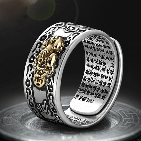 Anillo Ajustable de Feng Shui Pixiu con Mantra Budista para Atraer la Riqueza y Suerte