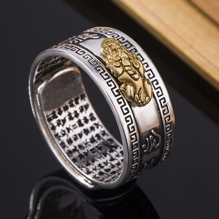 Anillo Ajustable de Feng Shui Pixiu con Mantra Budista para Atraer la Riqueza y Suerte