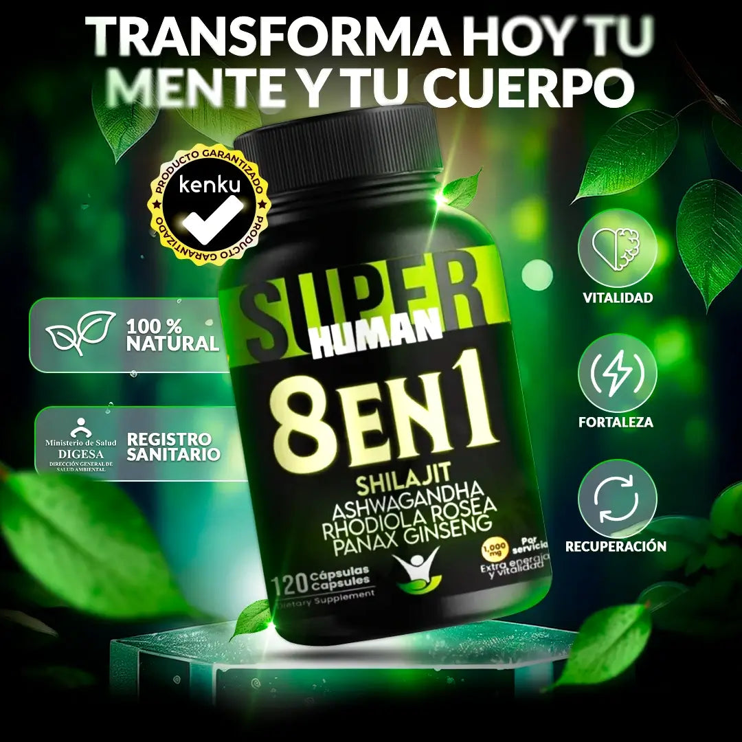 8 en 1 Cápsulas - Shilajit Ashwagandha Rhodiola Rosea Panax y Ginseng (100 Cápsulas) SuperHuman™ PG