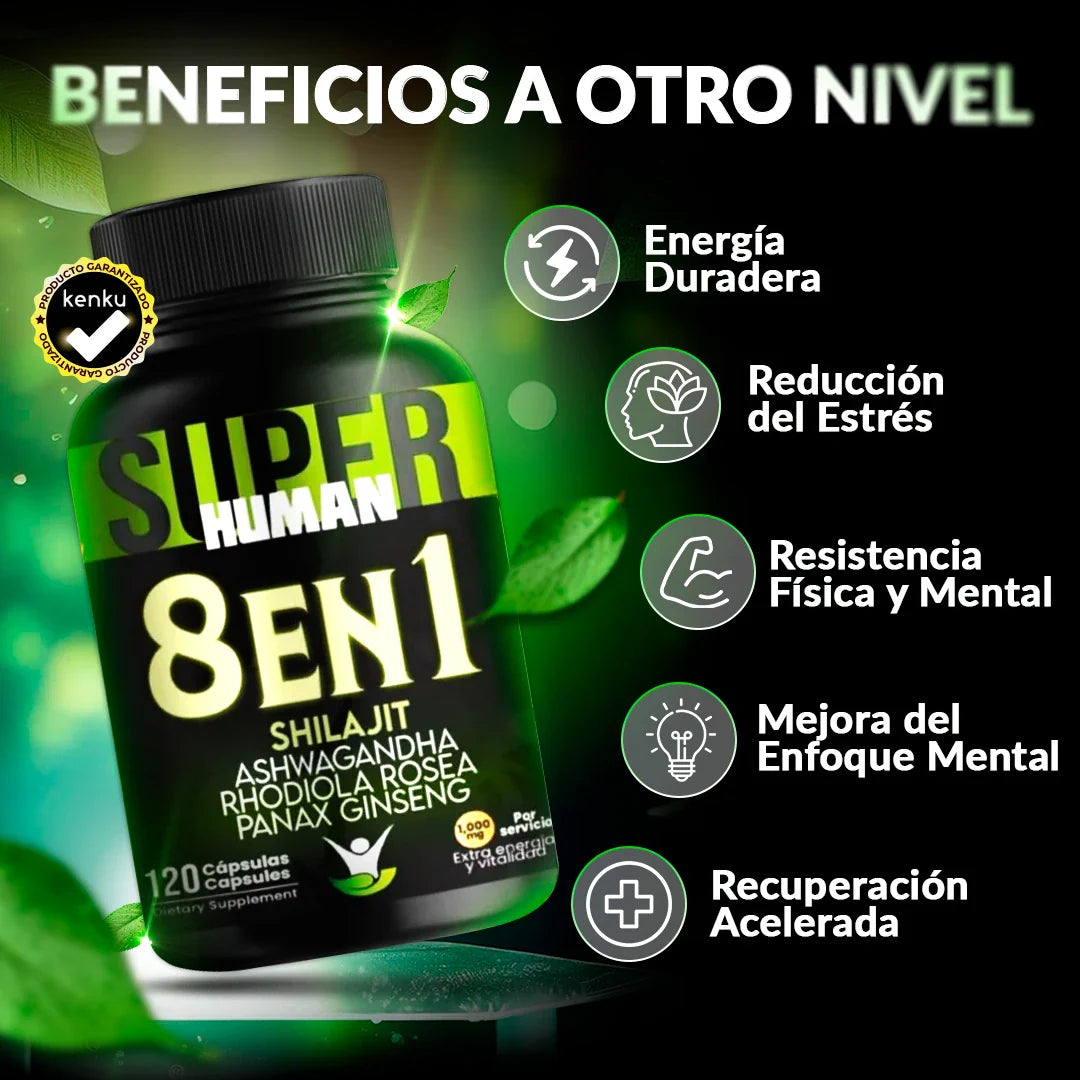 8 en 1 Cápsulas - Shilajit Ashwagandha Rhodiola Rosea Panax y Ginseng (100 Cápsulas) SuperHuman™ PG